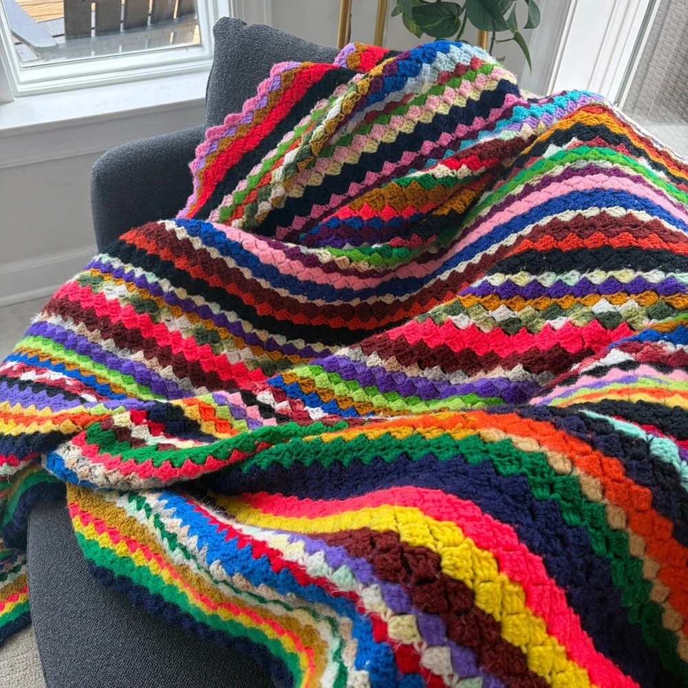Vintage Handmade Multi Color Striped Crochet Afghan Granny Stitch Blanket 68x64